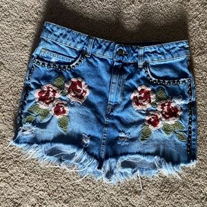 Free people denim skirt with flower stitching